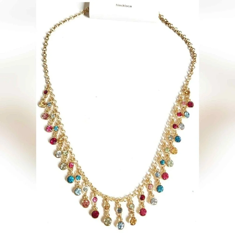 J. Crew Gold Tone Multicolor Crystal Fringe‎ Dangle Statement Necklace NEW